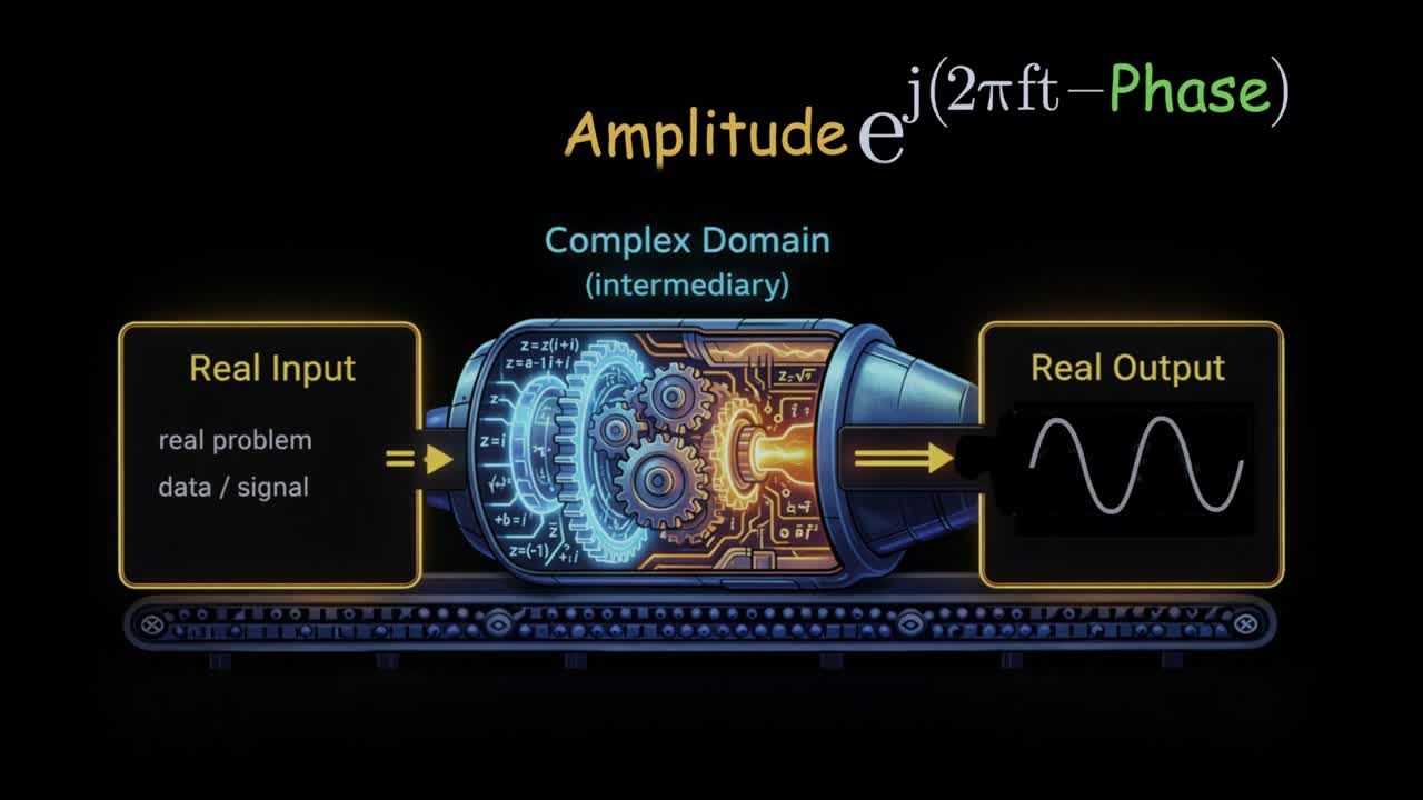 The complex domain drawn as an engine between a real input and a real output